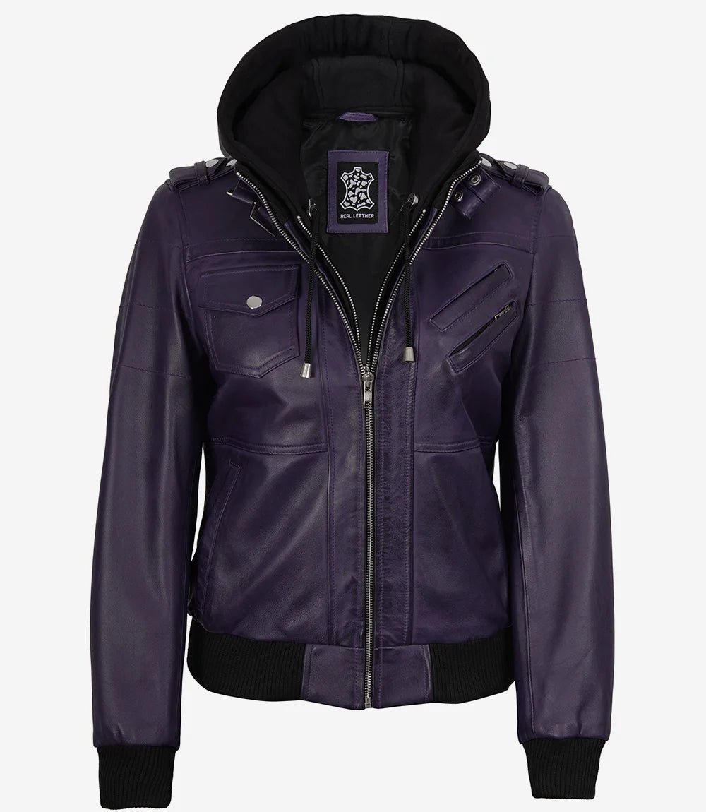 Women's Purple Bomber Leather Jacket with Removable Hood