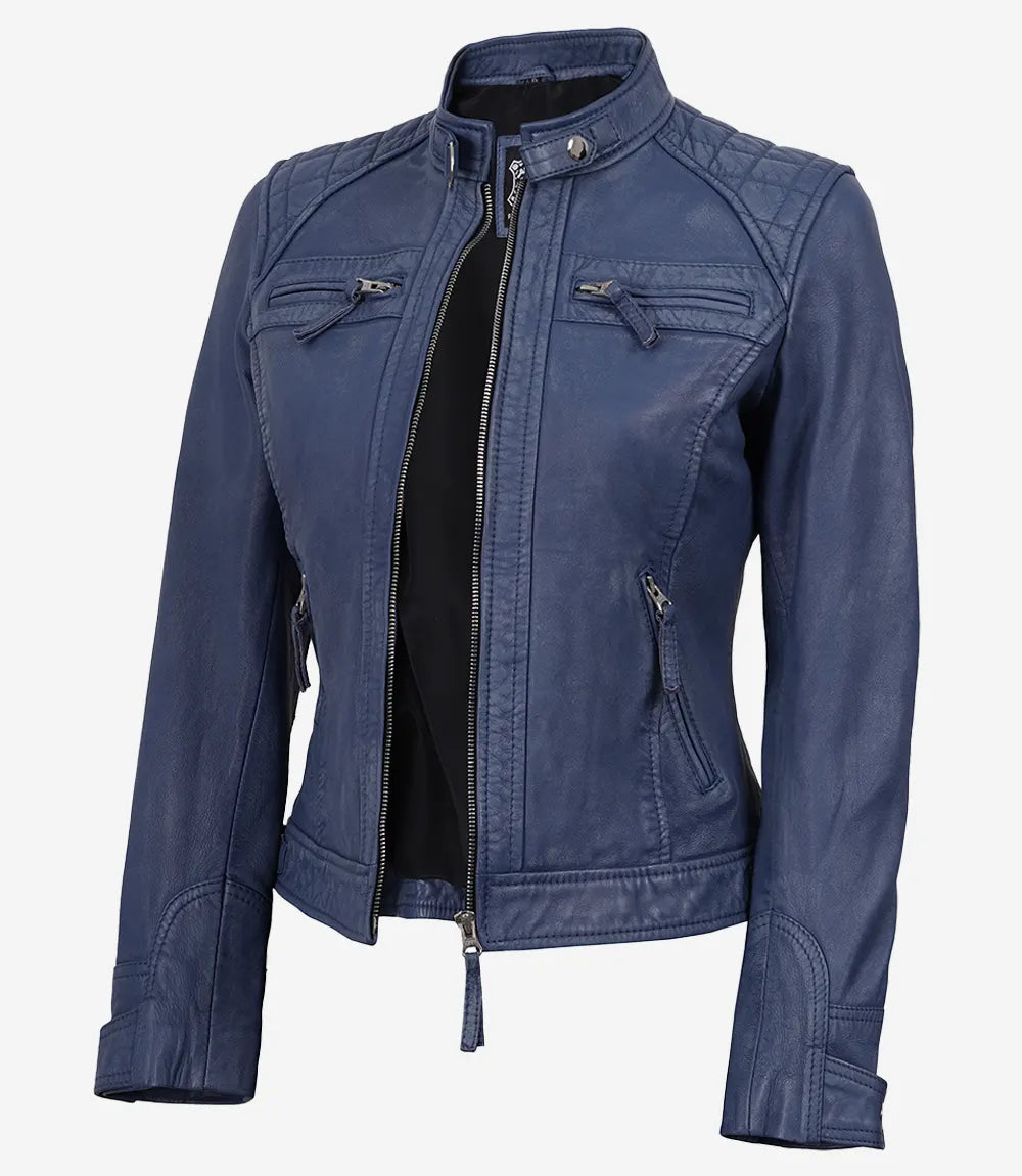 Women's Washed Blue Leather Biker Style Jacket