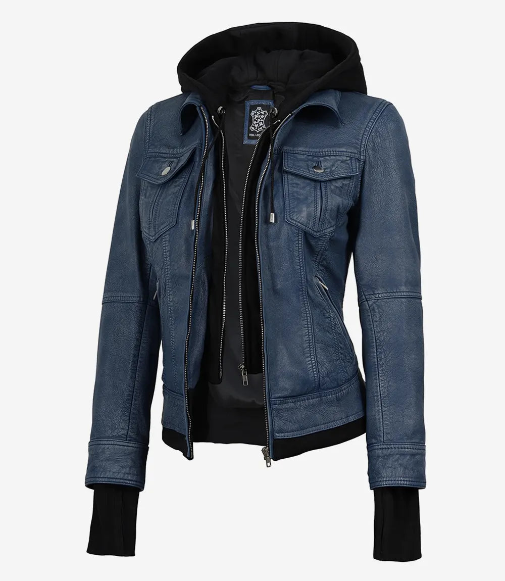 The Céleste: Womens Blue Washed Bomber Leather Jacket with Removable Hood