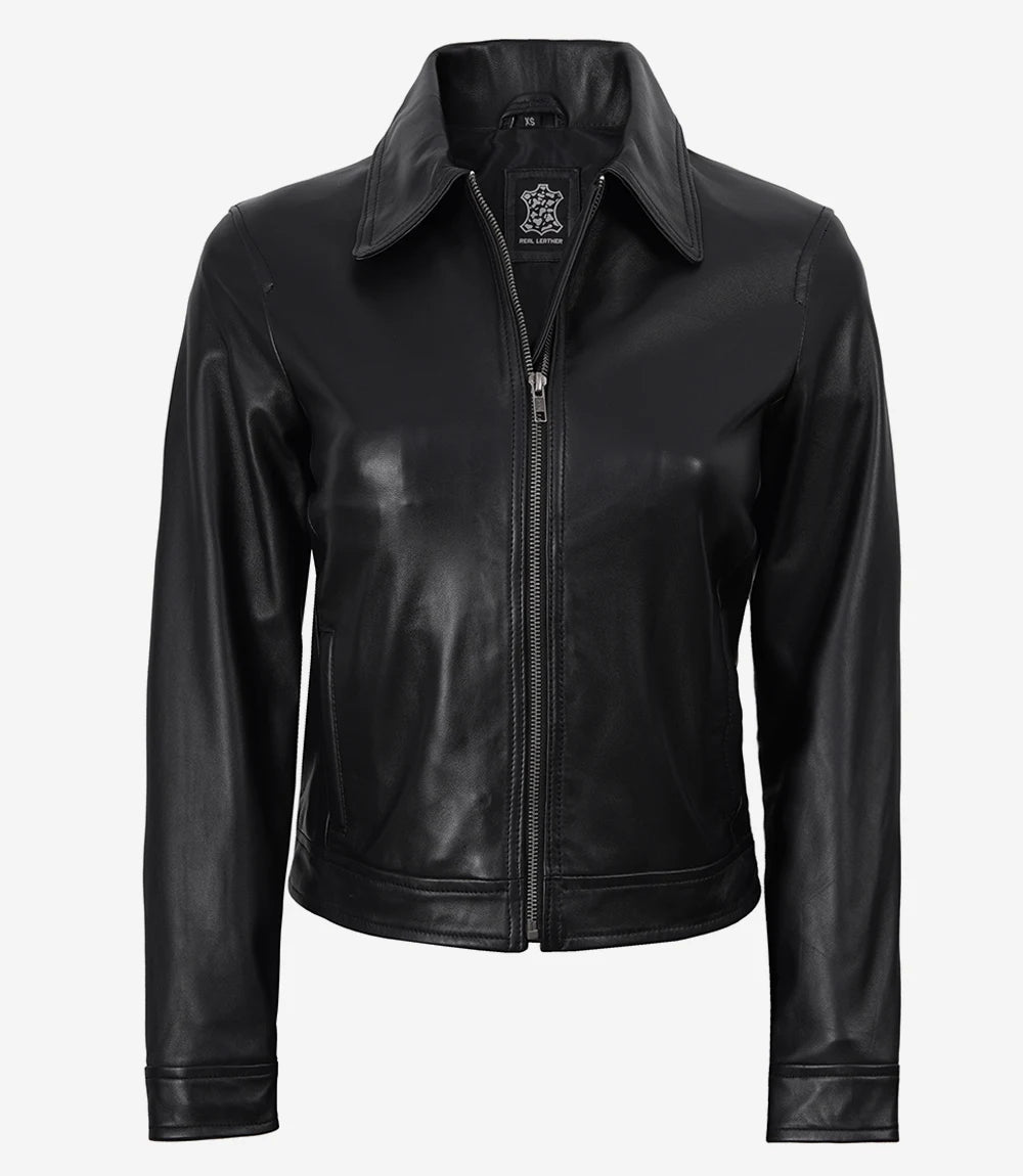 Women's Black Harrington Leather Jacket - Black - view 3