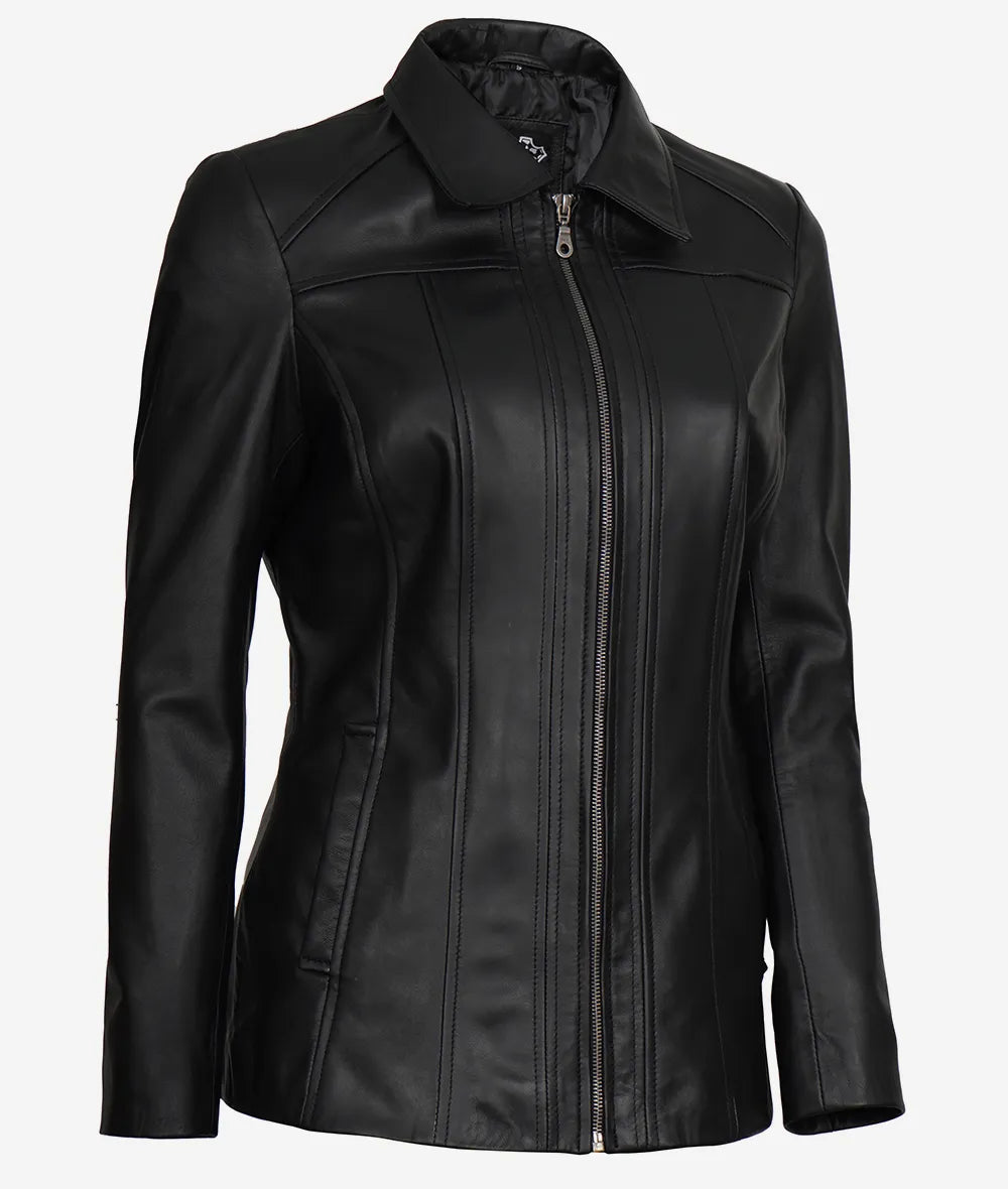Womens Shirt Collar 3 4 Length Black Leather Coat