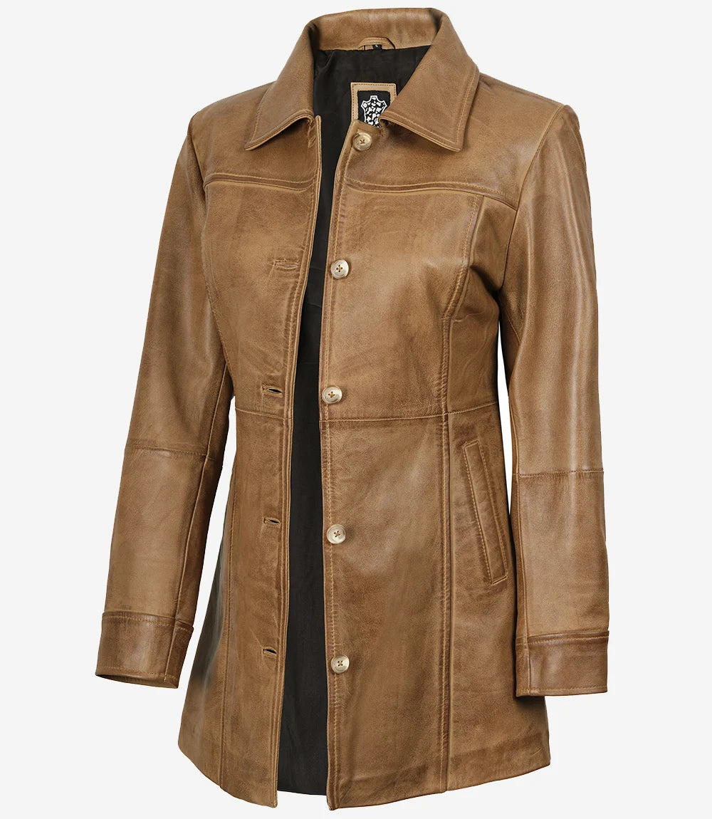 Womens Real Leather Camel Brown Coat