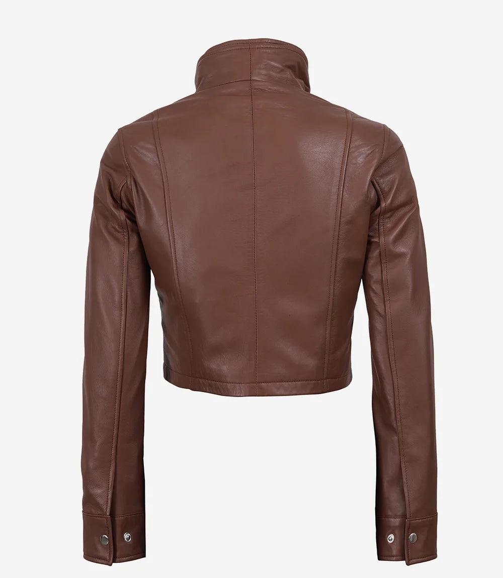 Women's Cropped Cognac Leather Jacket with Black Details - Cognac with Black Interior Detailing - view 5