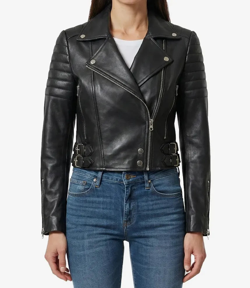 Women's Asymmetrical Black Cropped Biker Style Leather Jacket