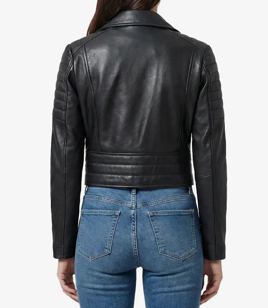 Women's Asymmetrical Black Cropped Biker Style Leather Jacket
