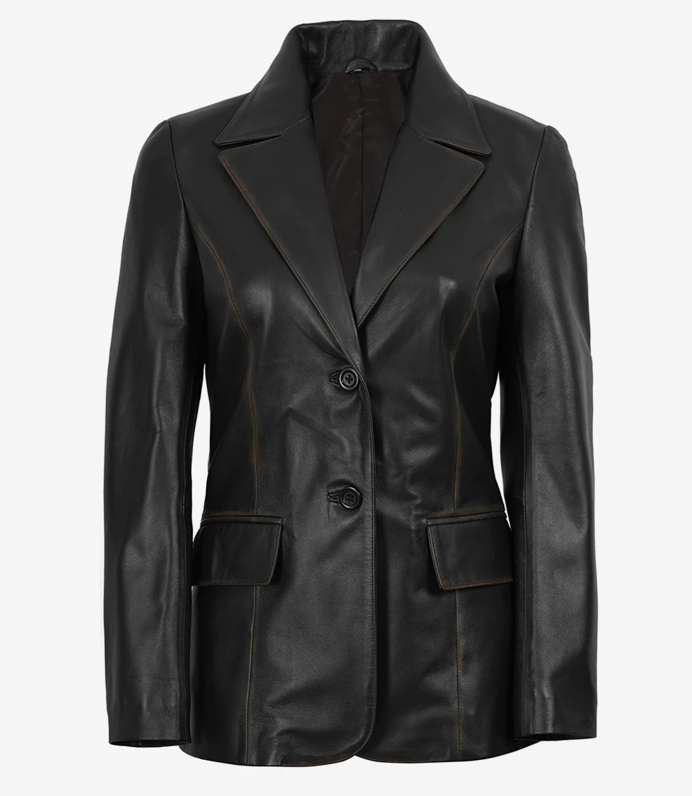 Women's Waxed Dark Brown Two Button Leather Blazer