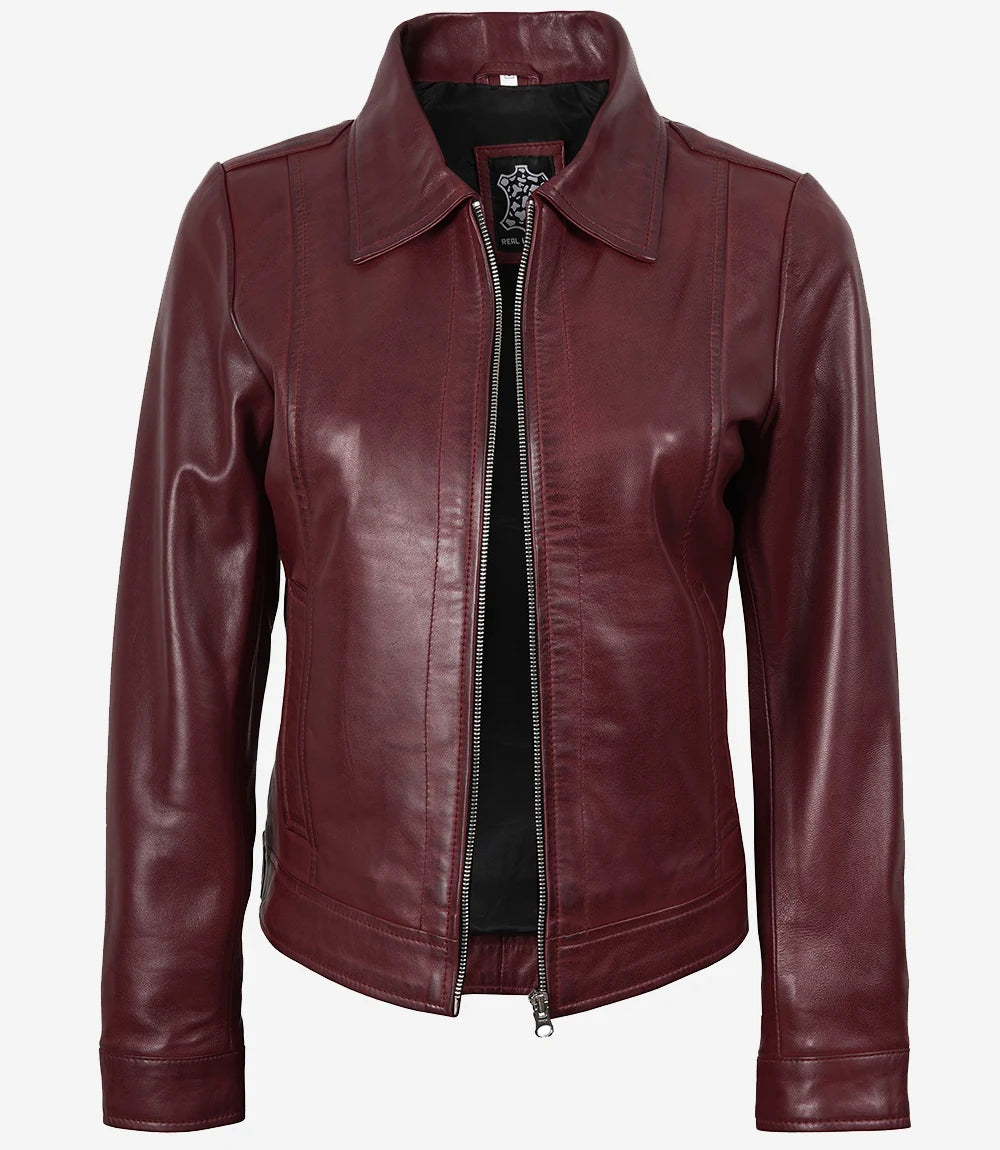 Womens Shirt Collar Maroon Leather Jacket