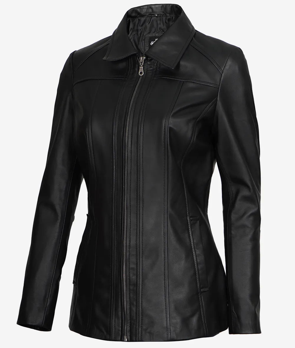 Womens Shirt Collar 3 4 Length Black Leather Coat