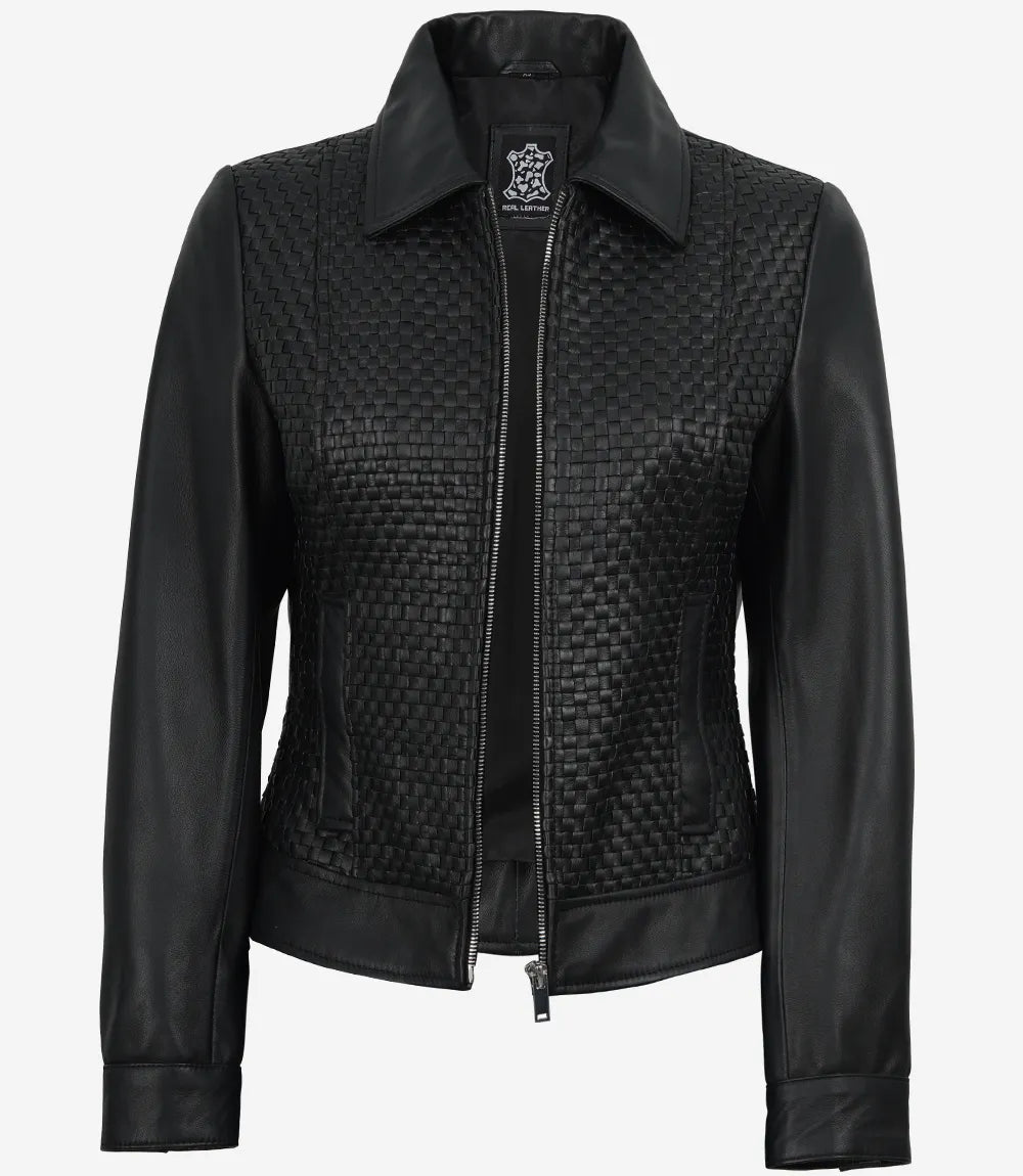 Jose Women's Black Shirt Collar Harrington Textured Leather Jacket