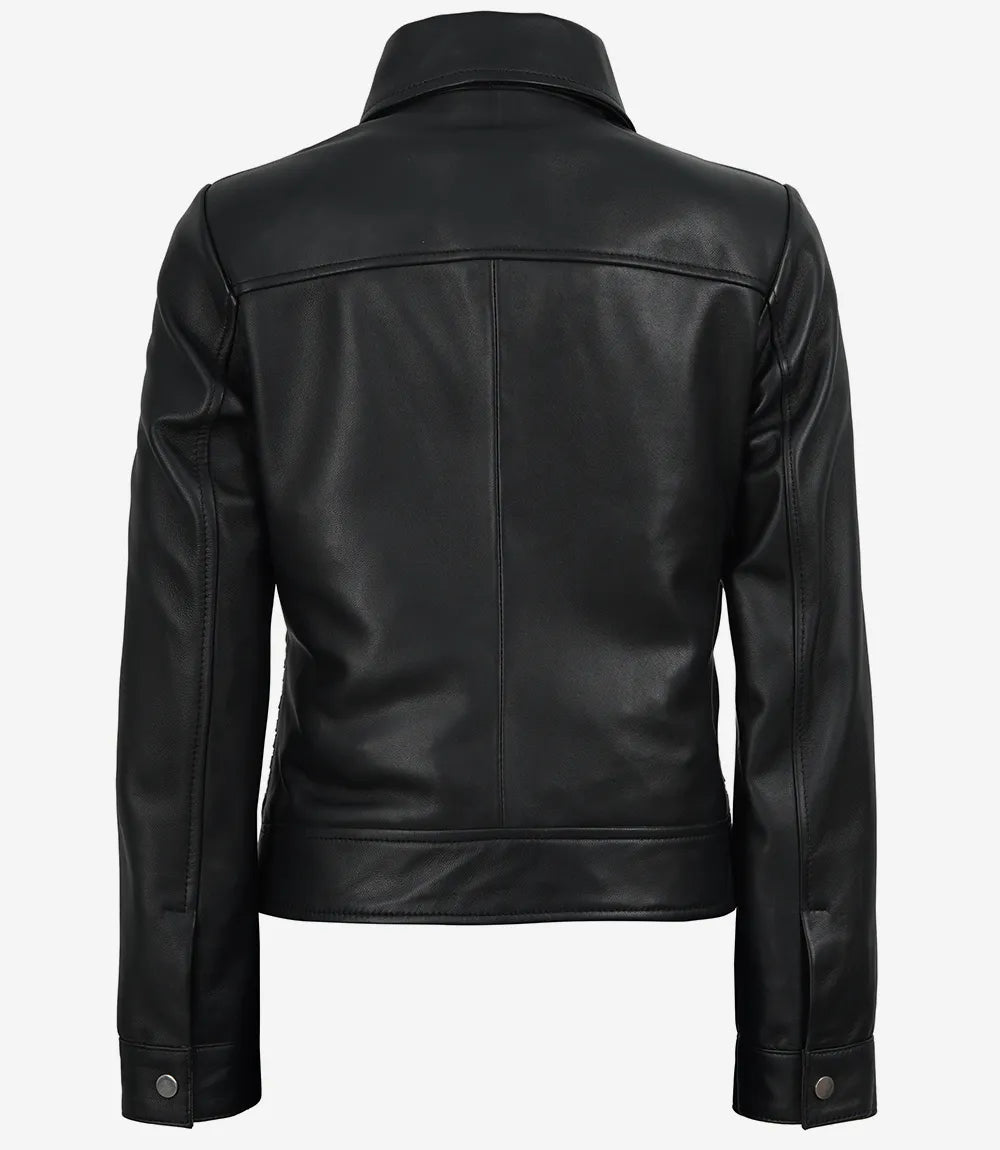 Jose Women's Black Shirt Collar Harrington Textured Leather Jacket