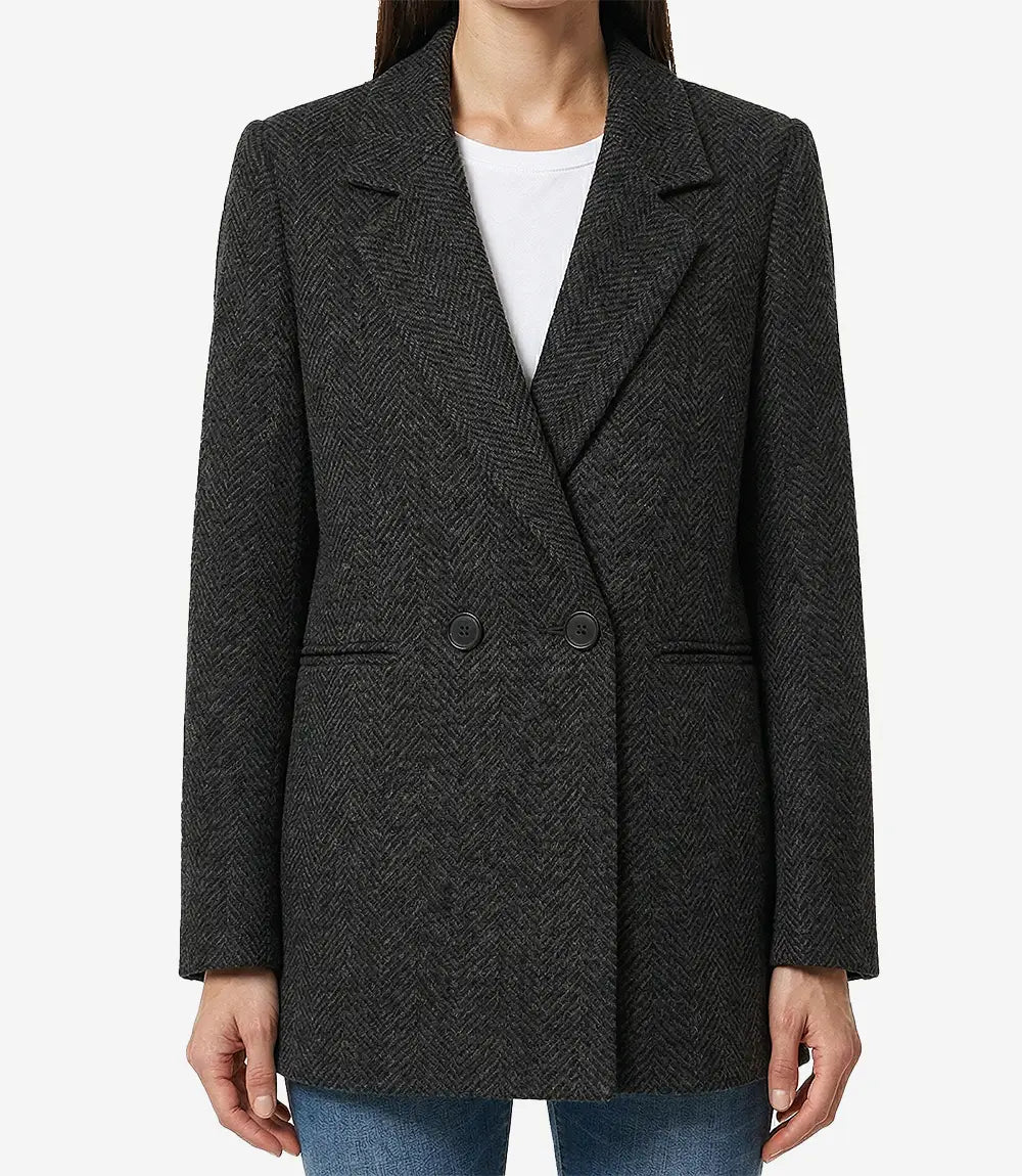 Womens Black Double Breasted Herringbone Wool Blend Blazer
