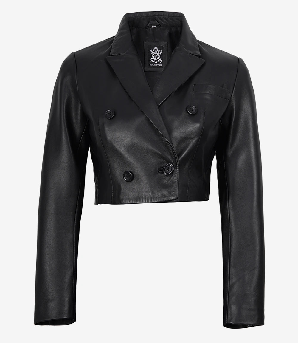 Women's Black Lambskin Double-Breasted Cropped Blazer