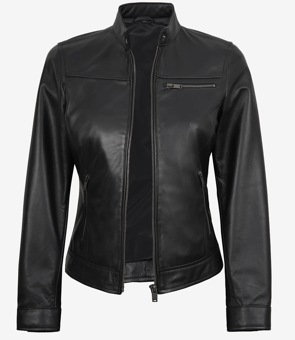 Womens Black Lambskin Biker Style Leather Jacket