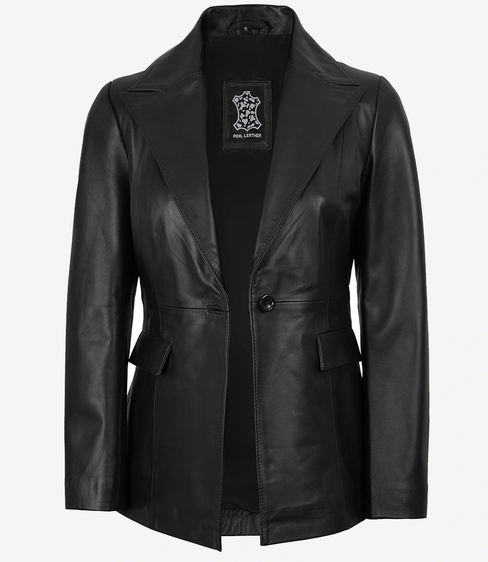 Womens Peak Lapel Black Leather Blazer - Single Button Closure
