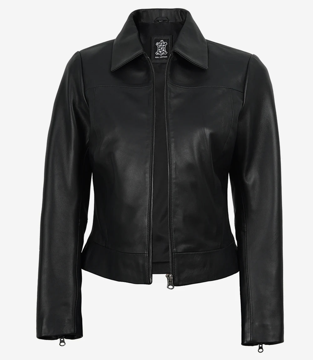 Women's Black Leather Harrington Jacket