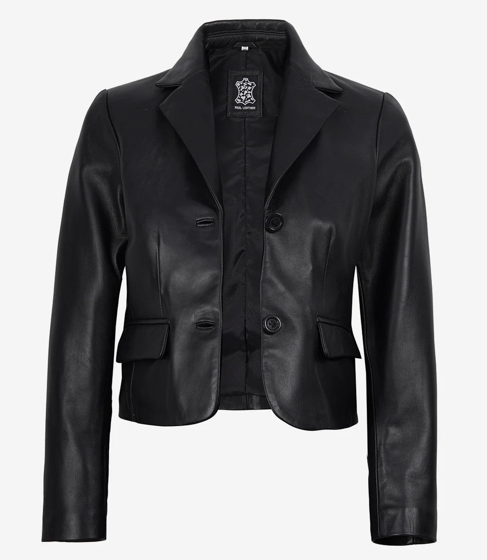 Women's Premium Black Leather 2-Button Cropped Blazer