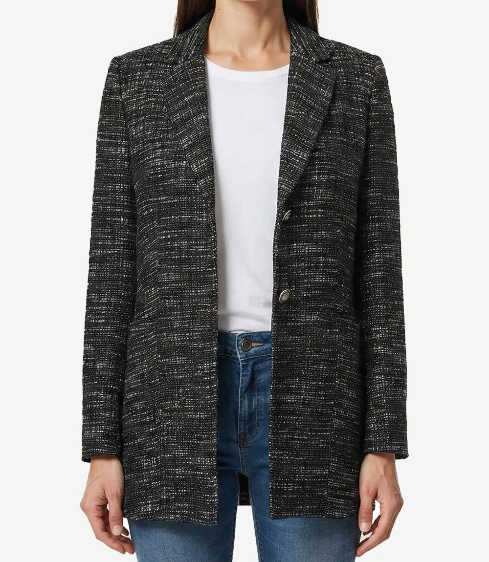 Womens Black Tweed Two Button Wool Blazer Jacket