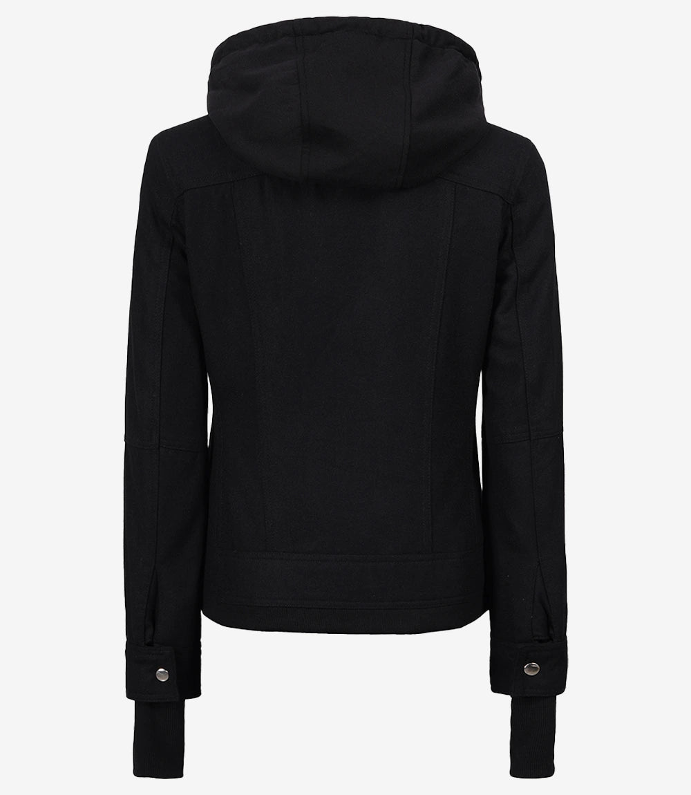 Women's Black Wool Jacket – Removable Hood with Zip Front
