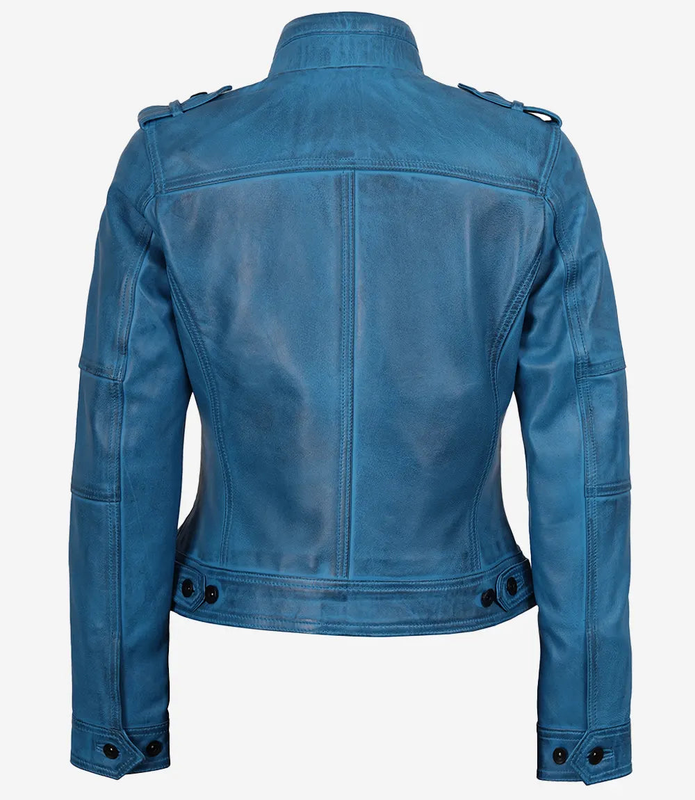 Women's Blue Waxed Lambskin Leather Biker Style Jacket