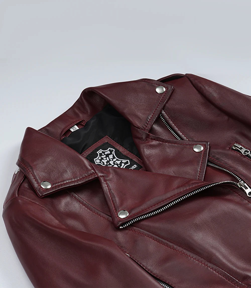 Womens Burgundy Waxed Biker Style Cropped Leather Jacket