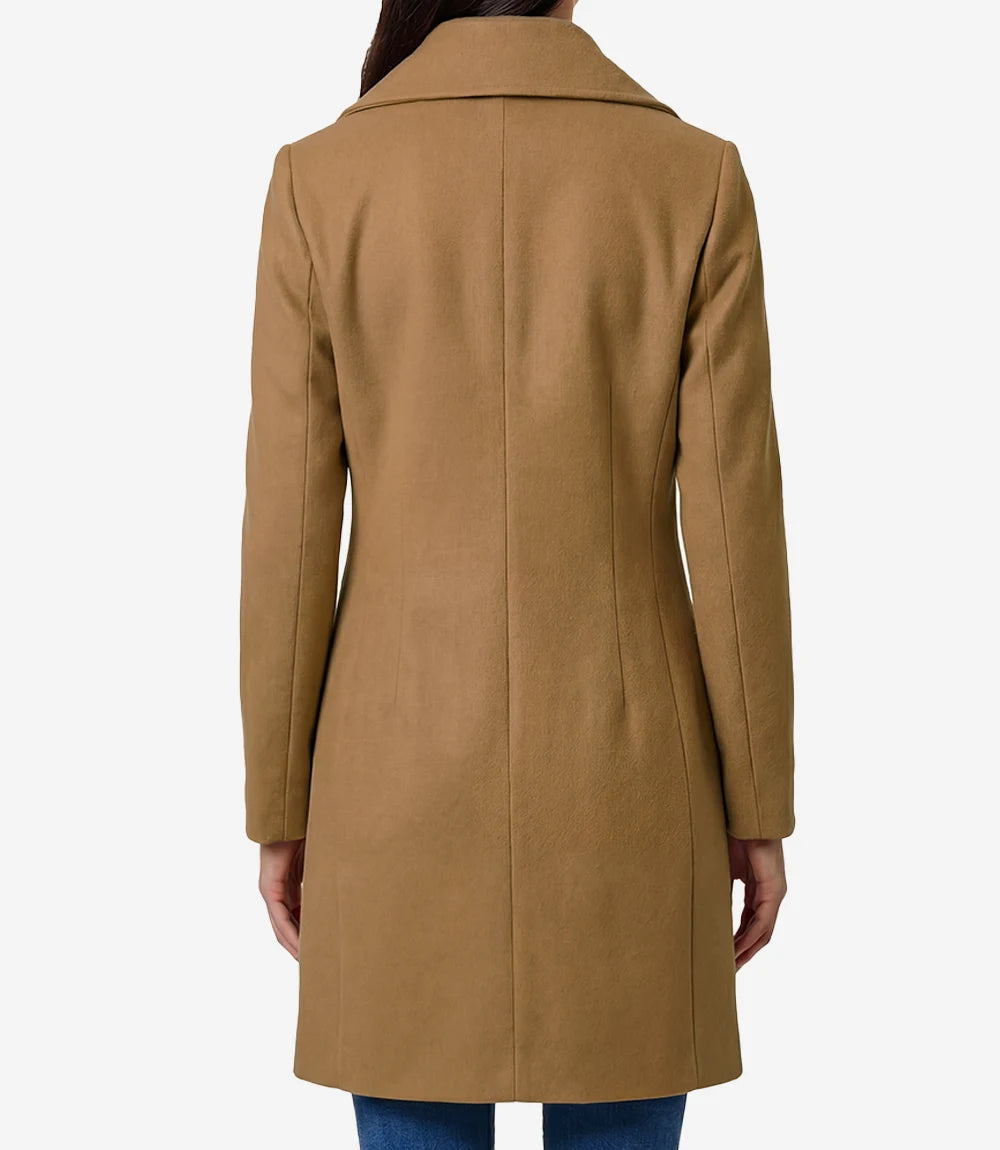 Womens 3/4 Length Camel Brown Double Breasted Wool Coat