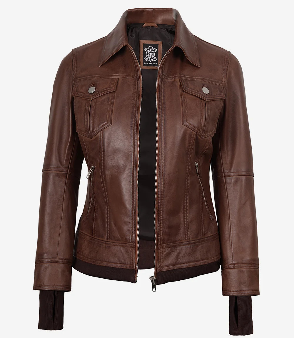 Women's Cognac Wax Bomber Leather Jacket With Removable Hood