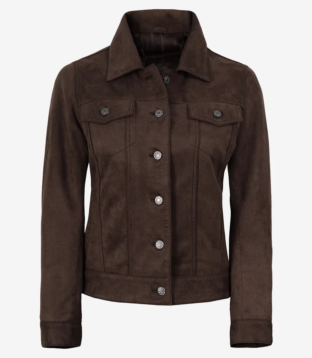 Womens' Dark Brown Faux Suede Trucker Jacket