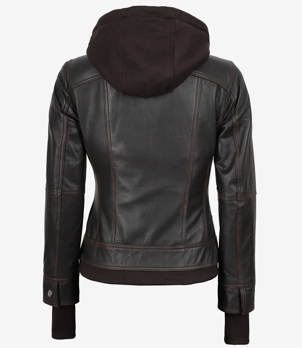 Women's Distressed Brown Bomber Leather Jacket with Removable Hood