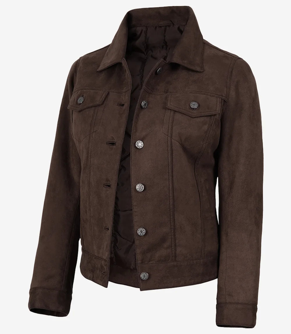 Womens' Dark Brown Faux Suede Trucker Jacket