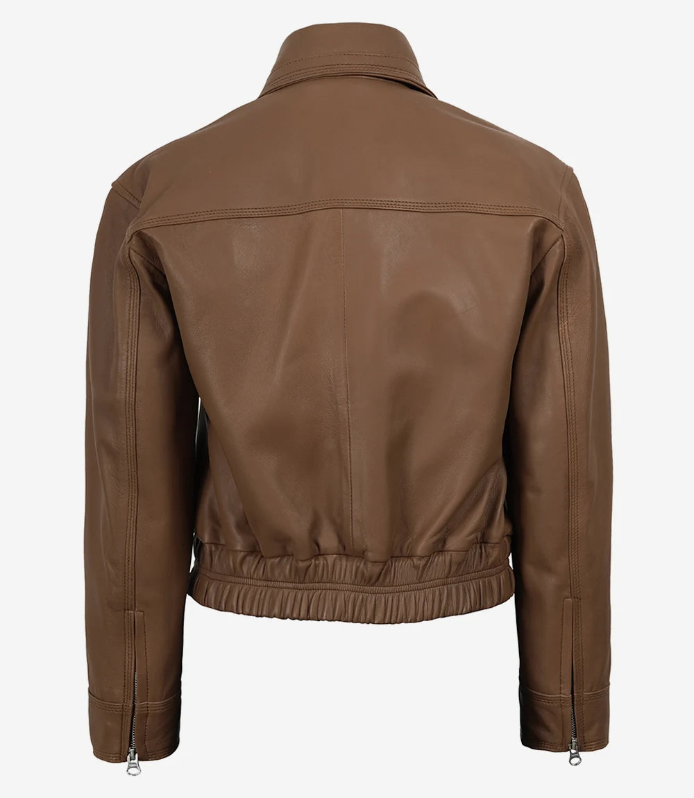 Women's Premium Leather Light Brown Bomber Jacket
