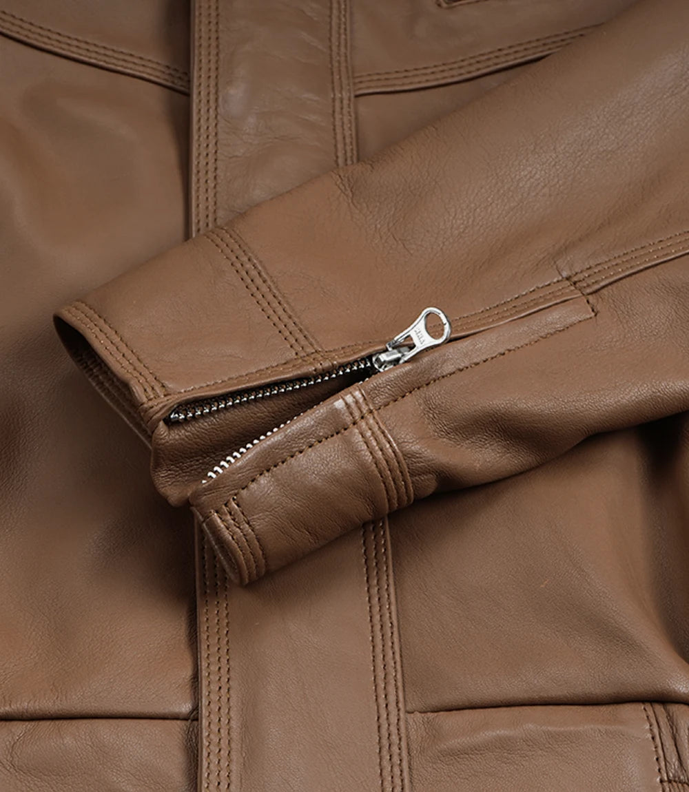 Women's Premium Leather Light Brown Bomber Jacket