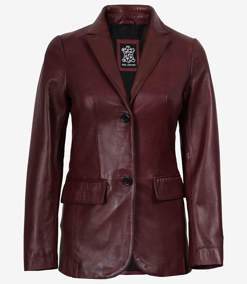 Women's Maroon Waxed Leather Two-Button Blazer Jacket