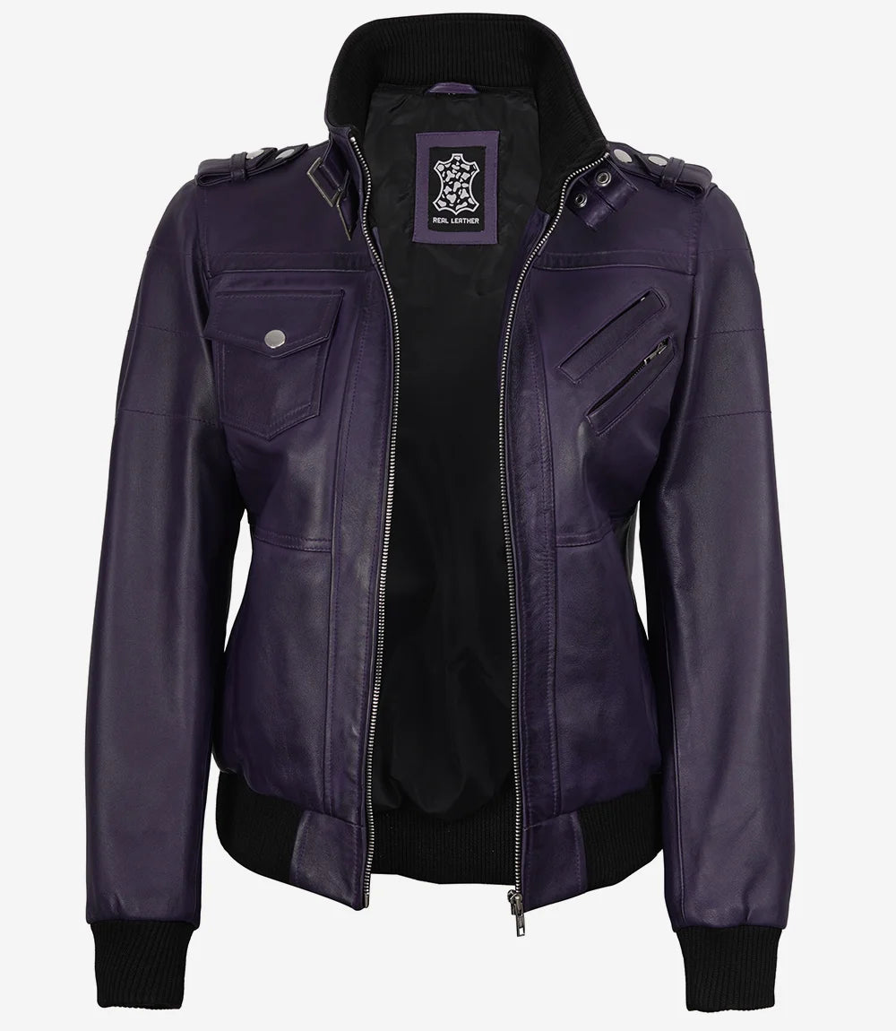 Women's Purple Bomber Leather Jacket with Removable Hood