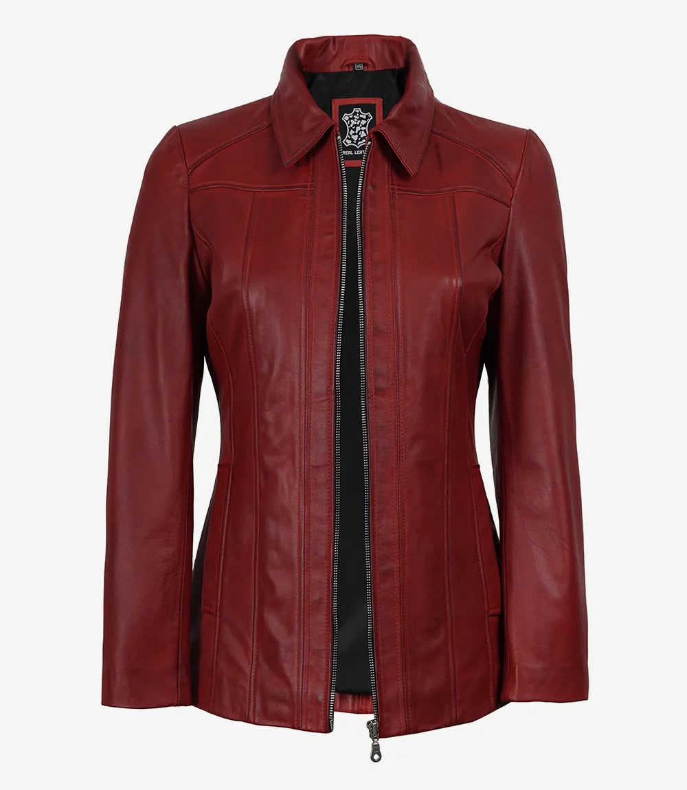 Marsha Women’s Red Leather Walking Coat – Shirt Collar