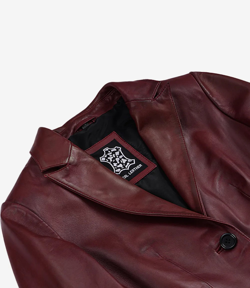 Women's Maroon Waxed Leather Two-Button Blazer Jacket