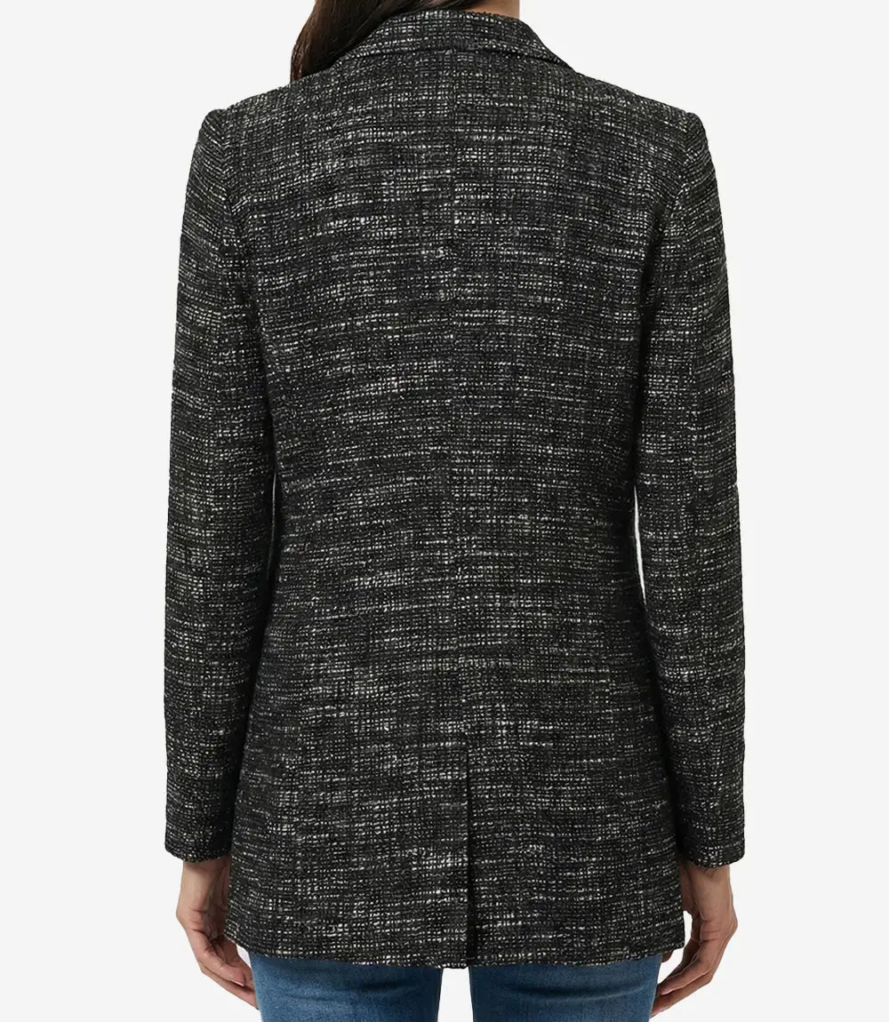 Womens Black Tweed Two Button Wool Blazer Jacket
