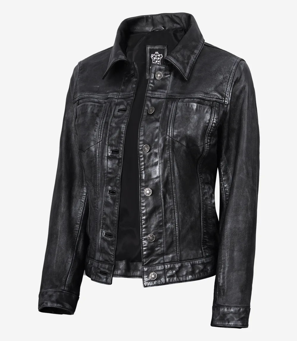 Women's Washed Black Trucker Leather Jacket