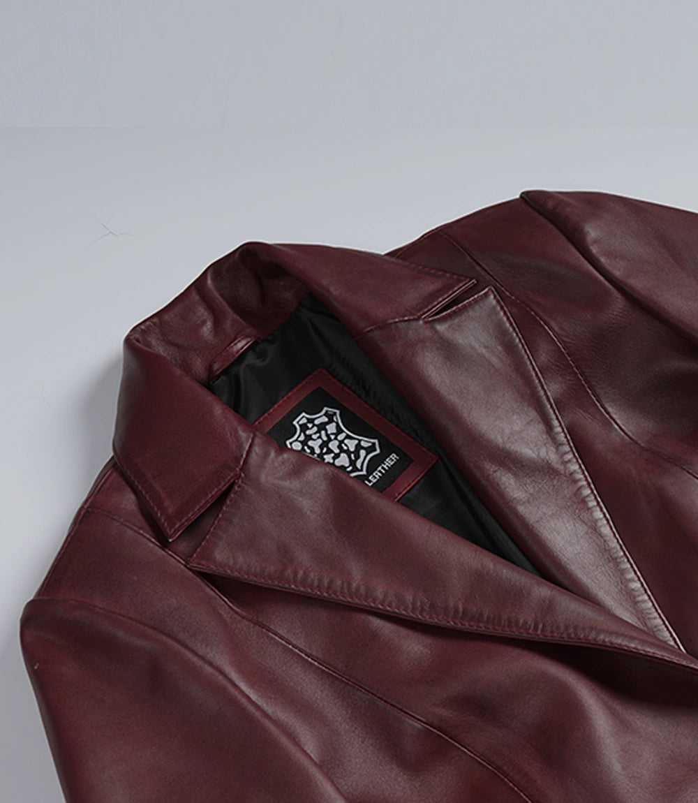 Women’s Single-Button Burgundy Waxed Lambskin Leather Blazer