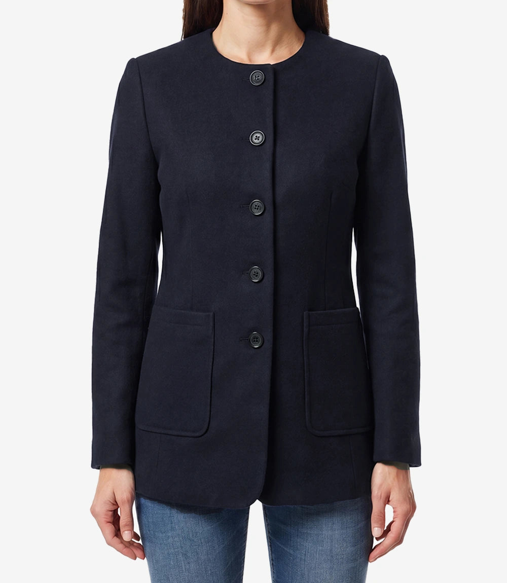 Women's Navy Blue Wool Collarless Jacket