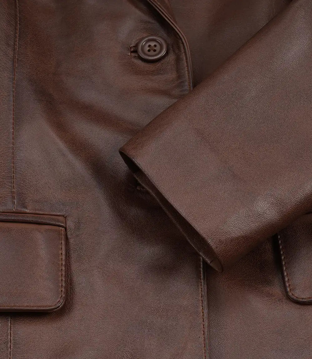 Women's Two Button Cognac Waxed Leather Blazer