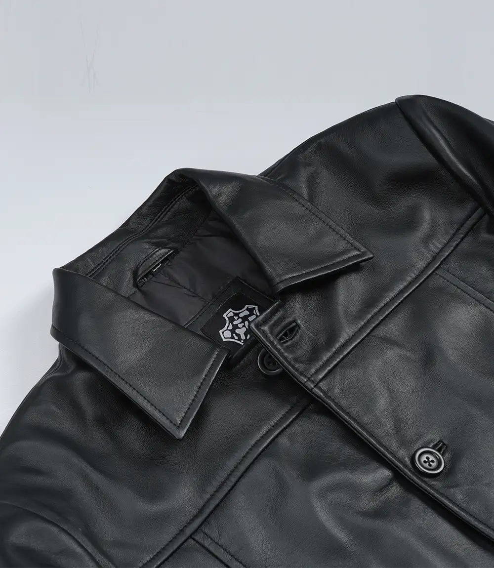 Men's Black 3/4 Length Button Down Leather Coat