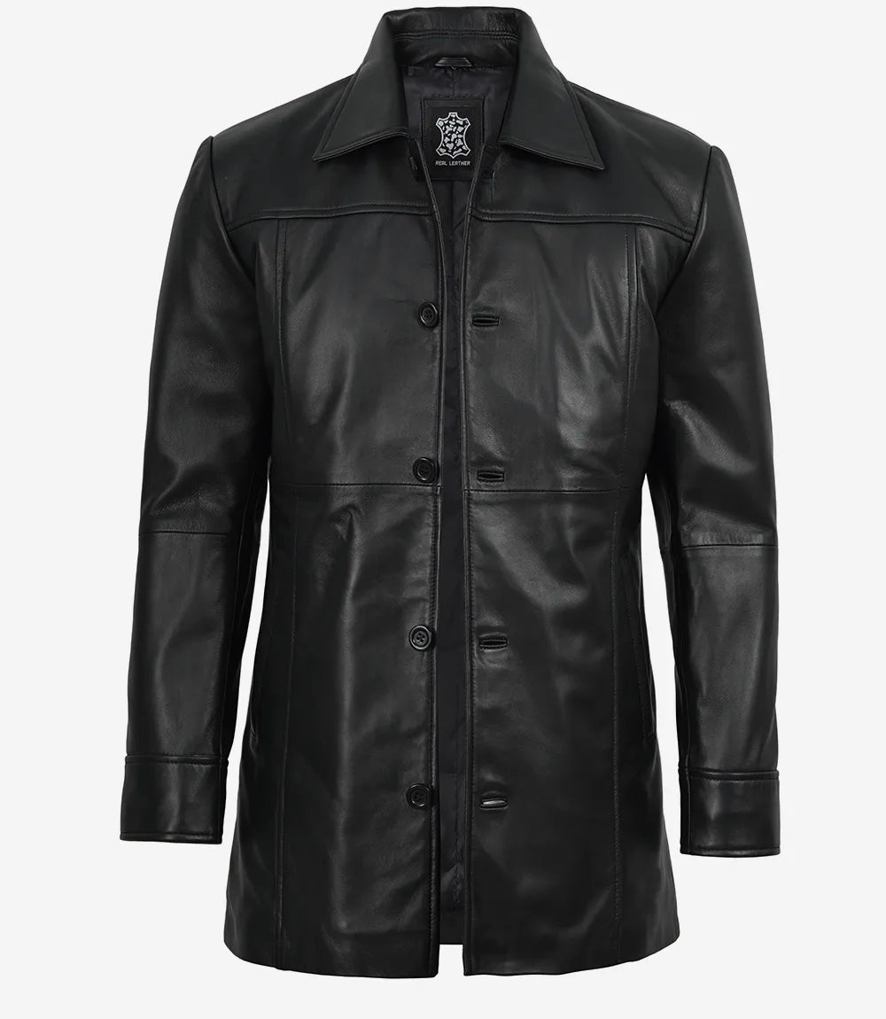 Men's Black 3/4 Length Button Down Leather Coat