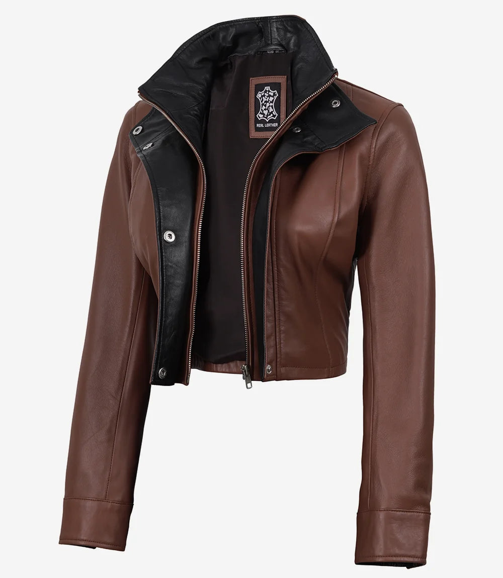Women's Cropped Cognac Leather Jacket with Black Details - Cognac with Black Interior Detailing - view 2
