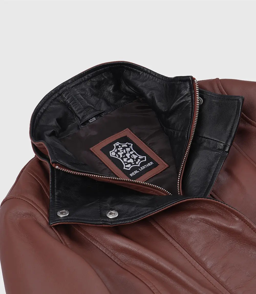 Women's Cropped Cognac Leather Jacket with Black Details - Cognac with Black Interior Detailing - view 6