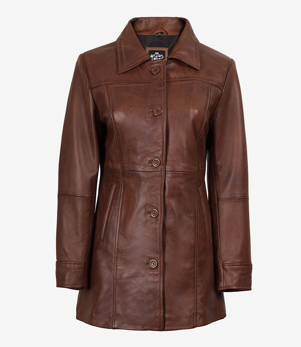 Women's Petite Brown Wax Real Leather Car Coat