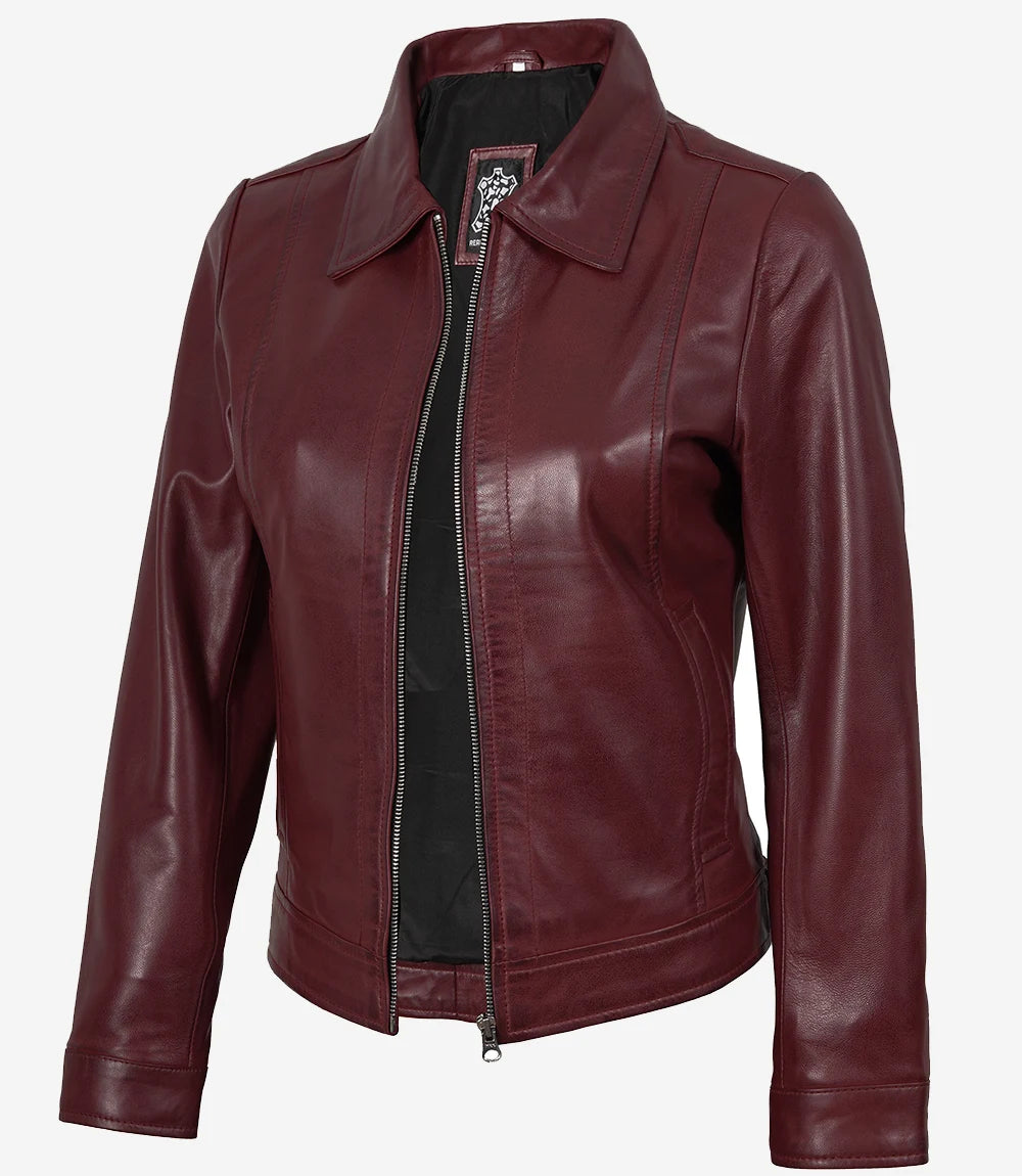 Womens Shirt Collar Maroon Leather Jacket
