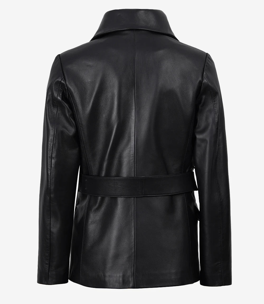 Women's Notch Lapel Belted Black Leather Blazer - Black - view 4