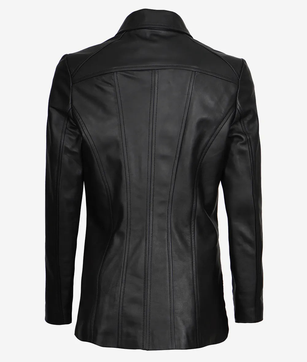 Womens Shirt Collar 3 4 Length Black Leather Coat