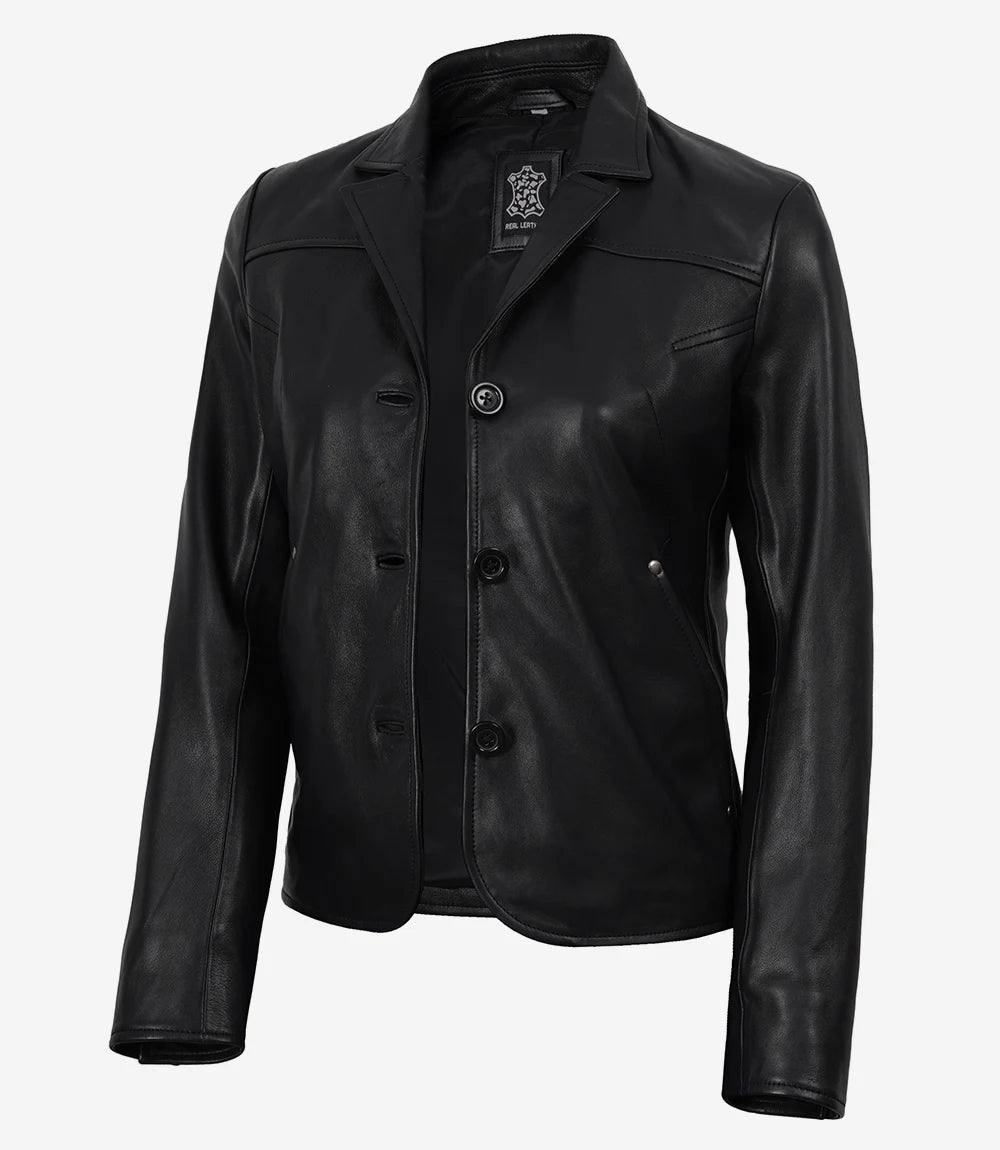 Women's Short Body 3 Button Black Leather Jacket - Black - view 2