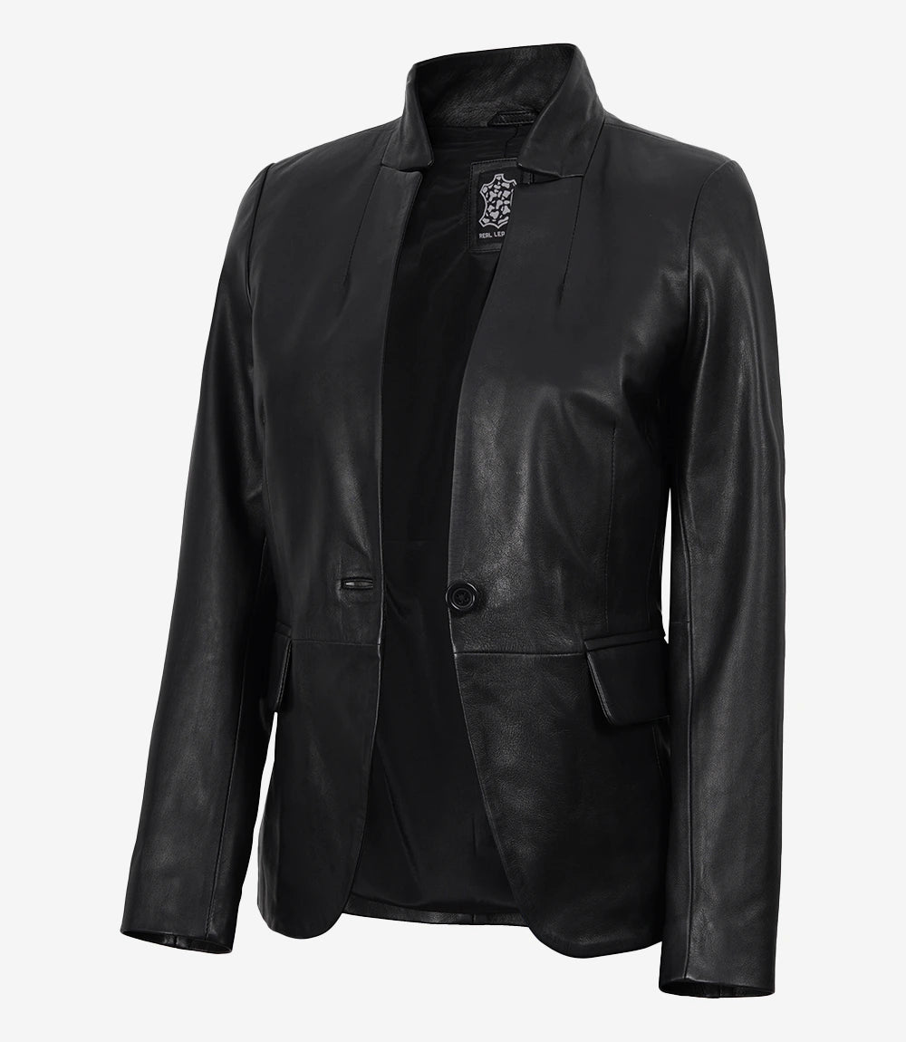 Women's Single Button Black Belted Leather Blazer - Black - view 3